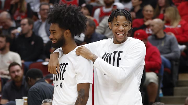 Nov 6, 2023; Chicago, Illinois, USA; Chicago Bulls guard Coby White (L) and forward Dalen Terry (R) joke on the sidelines during the first half at United Center. Mandatory Credit: Kamil Krzaczynski-Imagn Images Nov 6, 2023; Chicago, Illinois, USA; Chicago Bulls guard Coby White (L) and forward Dalen Terry (R) joke on the sidelines during the first half at United Center. Mandatory Credit: Kamil Krzaczynski-Imagn Images