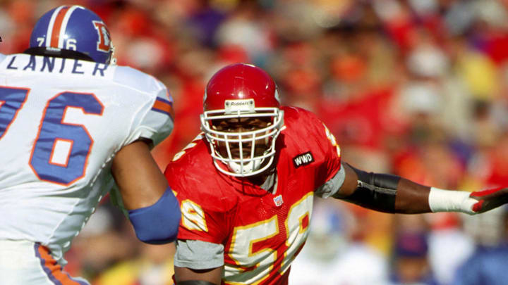 Unknown date; Kansas City, MO, USA; FILE PHOTO; Kansas City Chiefs linebacker Derrick Thomas in action against the Denver Broncos during the 1992 season.Thomas played 11 seasons for the Chiefs and in 1990 recorded an NFL record 7 sacks in one game against the Seattle Seahawks. He also was named to nine Pro Bowls.  Thomas died on February 8, 2000 after injuries related to a car accident.  Mandatory Credit: Photo By Imagn Images (c) Copyright 1992  Imagn Images