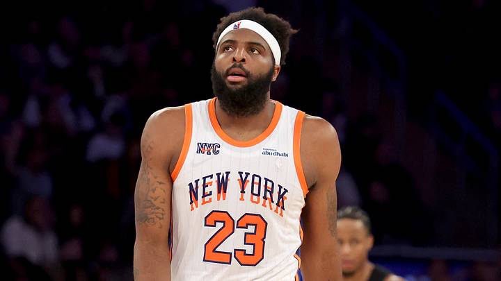 Apr 11, 2025; New York, New York, USA; Mitchell Robinson (23) reacts during the fourth quarter. Mandatory Credit: Brad Penner-Imagn Images Apr 11, 2025; New York, New York, USA; Mitchell Robinson (23) reacts during the fourth quarter. Mandatory Credit: Brad Penner-Imagn Images