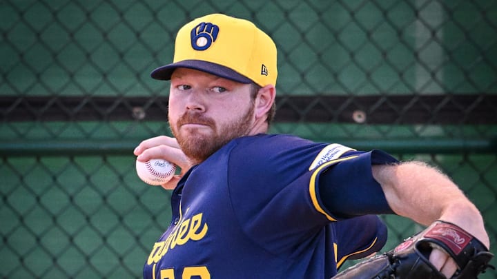 Milwaukee Brewers pitcher Brandon Woodruff (53) throws in the bullpen during spring training workouts Tuesday, February 18, 2025, at American Family Fields of Phoenix in Phoenix, Arizona.