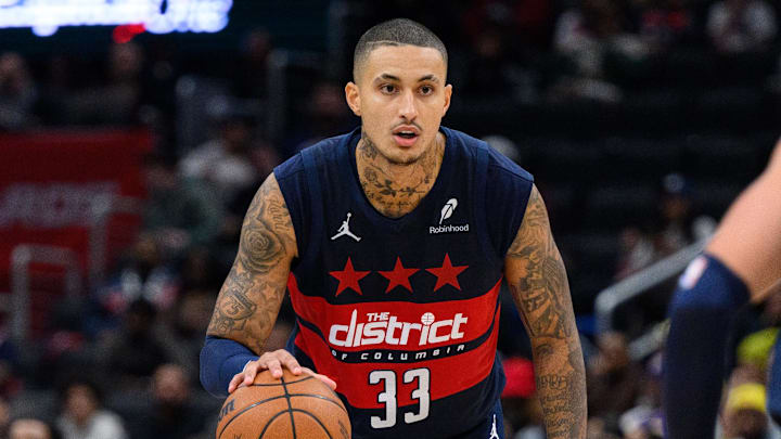 Oct 26, 2024; Washington, District of Columbia, USA; Washington Wizards forward Kyle Kuzma (33) dribbles the ball up the court during the second quarter against the Cleveland Cavaliers at Capital One Arena. Mandatory Credit: Reggie Hildred-Imagn Images