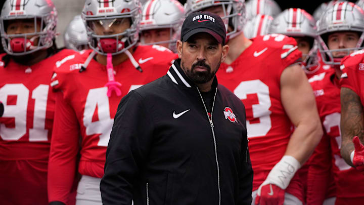 Ohio State Buckeyes head coach Ryan Day prepares to lead his team onto the field for the NCAA football game against the Indiana Hoosiers at Ohio Stadium in Columbus on Saturday, Nov. 23, 2024.