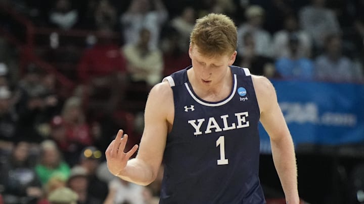 Mar 24, 2024; Spokane, WA, USA; Yale Bulldogs forward Danny Wolf (1) reacts in the first half