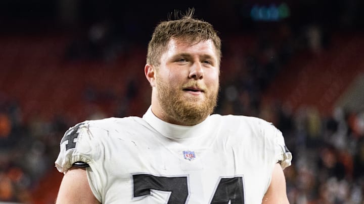Dec 20, 2021; Cleveland, Ohio, USA; Las Vegas Raiders offensive tackle Kolton Miller (74) exits the field after the game against the Cleveland Browns at FirstEnergy Stadium. Mandatory Credit: Scott Galvin-Imagn Images
