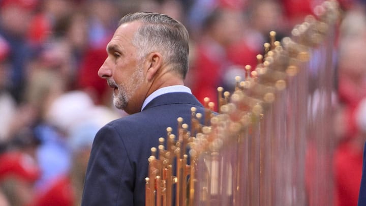 Mar 27, 2025; St. Louis, Missouri, USA;  St. Louis Cardinals president of baseball operations John Mozeliak looks on during opening day ceremonies before the game between the Cardinals and the Minnesota Twins at Busch Stadium. Mandatory Credit: Jeff Curry-Imagn Images