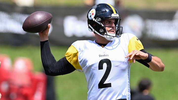 Aug 03, 2026; Latrobe, PA, USA;  Pittsburgh Steelers quarterback Mason Rudolph (2) throws a pass during a practice session at Training camp at Saint Vincent College. Mandatory Credit: Barry Reeger-Imagn Images