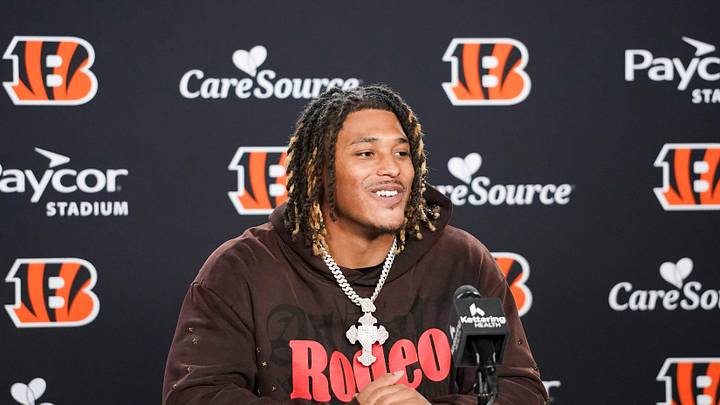 Cincinnati Bengals second round pick Cashius Howell speaks with media during the 2026 NFL Draft, Saturday, April 25, 2026, at Paycor Stadium in downtown Cincinnati.