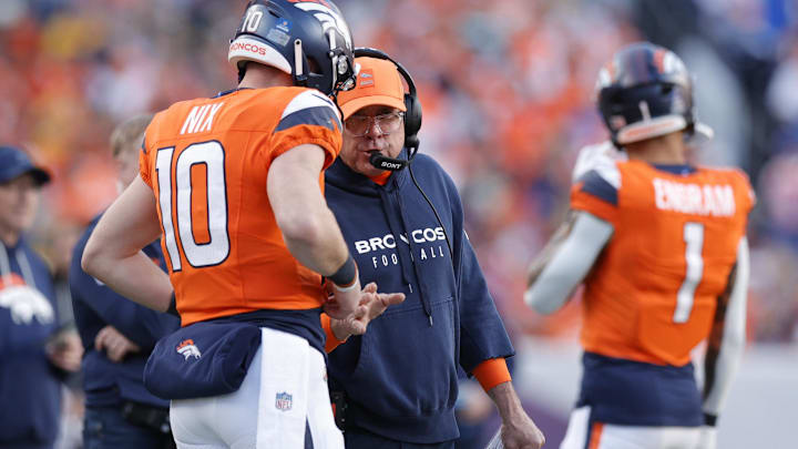 Dec 14, 2025; Denver, Colorado, USA; Denver Broncos head coach Sean Payton talks with quarterback Bo Nix (10) during the second quarter against the Green Bay Packers at Empower Field at Mile High. Mandatory Credit: Isaiah J. Downing-Imagn Images