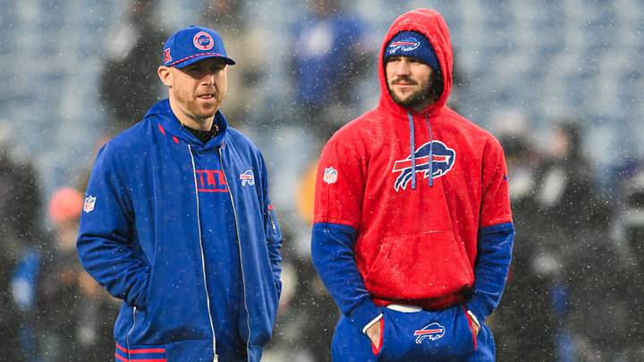 Jan. 19, 2025; Orchard Park, New York, USA; Buffalo Bills' quarterback Josh Allen (17) speaks with Bills' offensive coordinator Joe Brady before a game against the Baltimore Ravens in the 2025 AFC divisional round at the old Highmark Stadium. Jan. 19, 2025; Orchard Park, New York, USA; Buffalo Bills' quarterback Josh Allen (17) speaks with Bills' offensive coordinator Joe Brady before a game against the Baltimore Ravens in the 2025 AFC divisional round at the old Highmark Stadium.