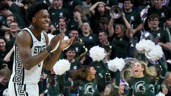 Feb 7, 2026; East Lansing, Michigan, USA;  Michigan State Spartans forward Cameron Ward (3) celebrates winning in overtime against the Illinois Fighting Illini at Jack Breslin Student Events Center. Mandatory Credit: Dale Young-Imagn Images