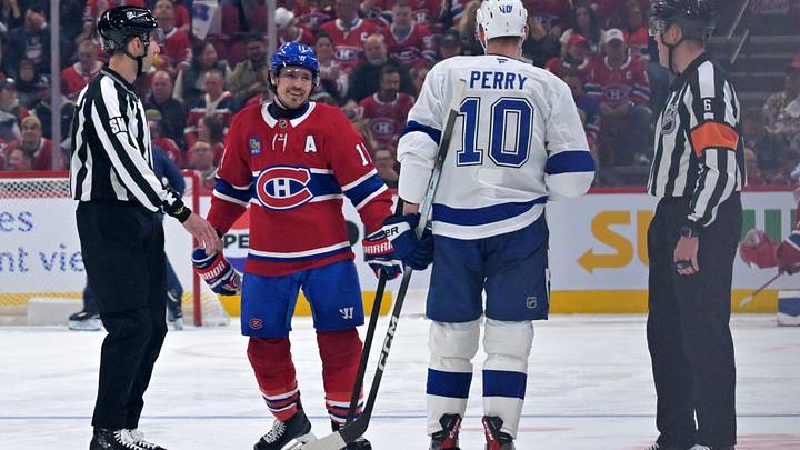 May 1, 2026; Montreal, Quebec, CAN; Montreal Canadiens forward Brendan Gallagher (11) and Tampa Bay Lightning forward Corey Perry (10) exchange words during the third period in game six of the first round of the 2026 Stanley Cup Playoffs at the Bell Centre. Mandatory Credit: Eric Bolte-Imagn Images