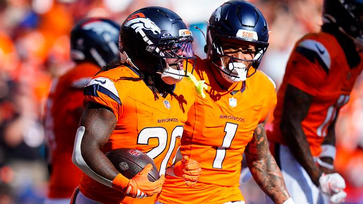 Sep 20, 2026; Denver, Colorado, USA; Denver Broncos running back Jonah Coleman (20) celebrates with tight end Evan Engram (1) after scoring a touchdown. Sep 20, 2026; Denver, Colorado, USA; Denver Broncos running back Jonah Coleman (20) celebrates with tight end Evan Engram (1) after scoring a touchdown.