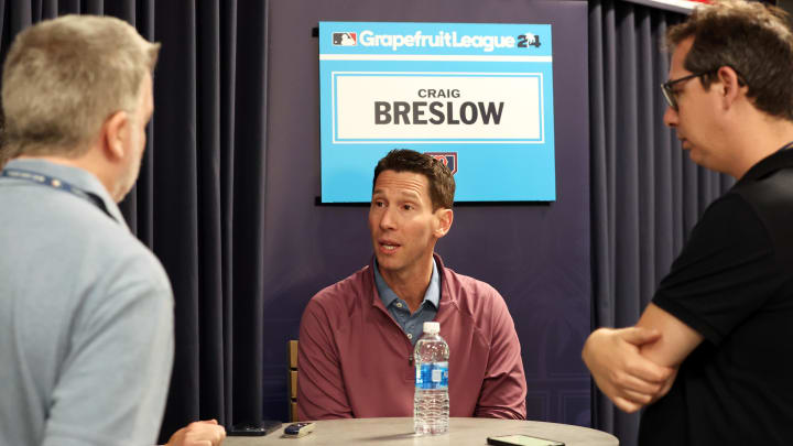 Feb 15, 2024; Tampa, FL, USA; Boston Red Sox chief baseball officer Craig Breslow talks with media at George M. Steinbrenner Field. Mandatory Credit: Kim Klement Neitzel-USA TODAY Sports Feb 15, 2024; Tampa, FL, USA; Boston Red Sox chief baseball officer Craig Breslow talks with media at George M. Steinbrenner Field. Mandatory Credit: Kim Klement Neitzel-USA TODAY Sports