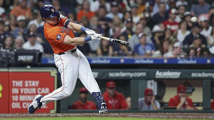 Sep 20, 2024; Houston, Texas, USA; Houston Astros center fielder Jake Meyers (6) hits a three-run home run during the third inning against the Los Angeles Angels at Minute Maid Park.