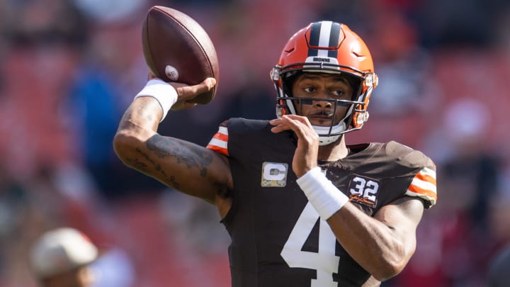 Nov 5, 2023; Cleveland, Ohio, USA; Cleveland Browns quarterback Deshaun Watson (4) throws the ball during warm ups before the game against the Arizona Cardinals at Cleveland Browns Stadium. Nov 5, 2023; Cleveland, Ohio, USA; Cleveland Browns quarterback Deshaun Watson (4) throws the ball during warm ups before the game against the Arizona Cardinals at Cleveland Browns Stadium.