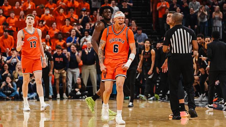 Feb 21, 2026; Charlottesville, Virginia, USA; Virginia Cavaliers guard Jacari White (6) celebrates during the second half against the Miami (FL) Hurricanes at John Paul Jones Arena. Mandatory Credit: Emily Faith Morgan-Imagn Images Feb 21, 2026; Charlottesville, Virginia, USA; Virginia Cavaliers guard Jacari White (6) celebrates during the second half against the Miami (FL) Hurricanes at John Paul Jones Arena. Mandatory Credit: Emily Faith Morgan-Imagn Images