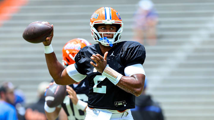 Florida Gators quarterback DJ Lagway throws in the team's practice inside The Swamp on Saturday, Aug. 2, 2025. Florida Gators quarterback DJ Lagway throws in the team's practice inside The Swamp on Saturday, Aug. 2, 2025.