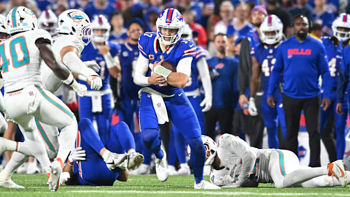 Sep 18, 2025; Orchard Park, New York, USA; Buffalo Bills quarterback Josh Allen (17) runs the ball against the Miami Dolphins. Sep 18, 2025; Orchard Park, New York, USA; Buffalo Bills quarterback Josh Allen (17) runs the ball against the Miami Dolphins.