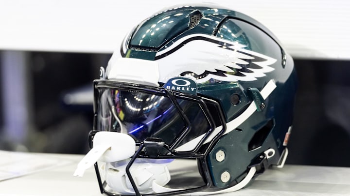 Feb 9, 2025; New Orleans, LA, USA; Detailed view of a Philadelphia Eagles helmet during Super Bowl LIX at Ceasars Superdome. Mandatory Credit: Mark J. Rebilas-Imagn Images Feb 9, 2025; New Orleans, LA, USA; Detailed view of a Philadelphia Eagles helmet during Super Bowl LIX at Ceasars Superdome. Mandatory Credit: Mark J. Rebilas-Imagn Images