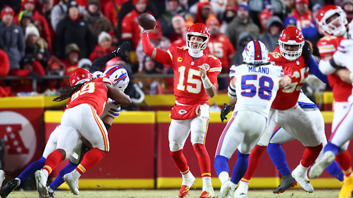 Jan 26, 2025; Kansas City, MO, USA; Kansas City Chiefs quarterback Patrick Mahomes (15) drops back to pass against the Buffalo Bills during the second half in the AFC Championship game at GEHA Field at Arrowhead Stadium. Mandatory Credit: Mark J. Rebilas-Imagn Images Jan 26, 2025; Kansas City, MO, USA; Kansas City Chiefs quarterback Patrick Mahomes (15) drops back to pass against the Buffalo Bills during the second half in the AFC Championship game at GEHA Field at Arrowhead Stadium. Mandatory Credit: Mark J. Rebilas-Imagn Images