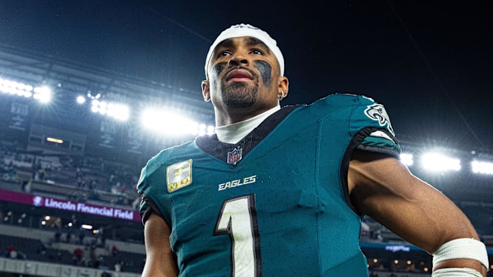 Nov 14, 2024; Philadelphia, Pennsylvania, USA; Philadelphia Eagles quarterback Jalen Hurts (1) looks on after a victory against the Washington Commanders at Lincoln Financial Field. Mandatory Credit: Bill Streicher-Imagn Images Nov 14, 2024; Philadelphia, Pennsylvania, USA; Philadelphia Eagles quarterback Jalen Hurts (1) looks on after a victory against the Washington Commanders at Lincoln Financial Field. Mandatory Credit: Bill Streicher-Imagn Images