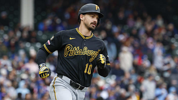 Apr 10, 2026; Chicago, Illinois, USA; Pittsburgh Pirates left fielder Bryan Reynolds (10) rounds the bases after hitting a two-run home run against the Chicago Cubs during the seventh inning at Wrigley Field. Mandatory Credit: Kamil Krzaczynski-Imagn Images