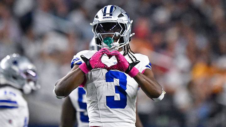 Dallas Cowboys wide receiver George Pickens (3) celebrates during the game between the Cowboys and the Buccaneers at AT&T Stadium. Dallas Cowboys wide receiver George Pickens (3) celebrates during the game between the Cowboys and the Buccaneers at AT&T Stadium.