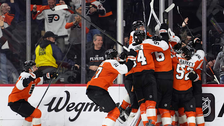 Apr 29, 2026; Philadelphia, Pennsylvania, USA; The Philadelphia Flyers celebrate after game six of the first round of the 2026 Stanley Cup Playoffs against the Pittsburgh Penguins at Xfinity Mobile Arena. Mandatory Credit: Kyle Ross-Imagn Images