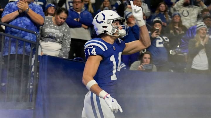 Indianapolis Colts wide receiver Alec Pierce (14) takes the field Sunday, Jan. 5, 2025, before a game against the Jacksonville Jaguars at Lucas Oil Stadium in Indianapolis.