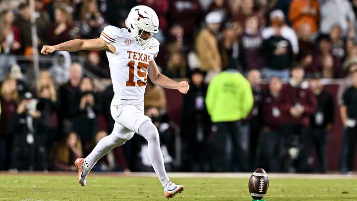 Nov 30, 2024; College Station, Texas, USA; Texas Longhorns place kicker Will Stone (15) kicks the ball during the second quarter against the Texas A&M Aggies. The Longhorns defeated the Aggies 17-7 at Kyle Field. Mandatory Credit: Maria Lysaker-Imagn Images Nov 30, 2024; College Station, Texas, USA; Texas Longhorns place kicker Will Stone (15) kicks the ball during the second quarter against the Texas A&M Aggies. The Longhorns defeated the Aggies 17-7 at Kyle Field. Mandatory Credit: Maria Lysaker-Imagn Images