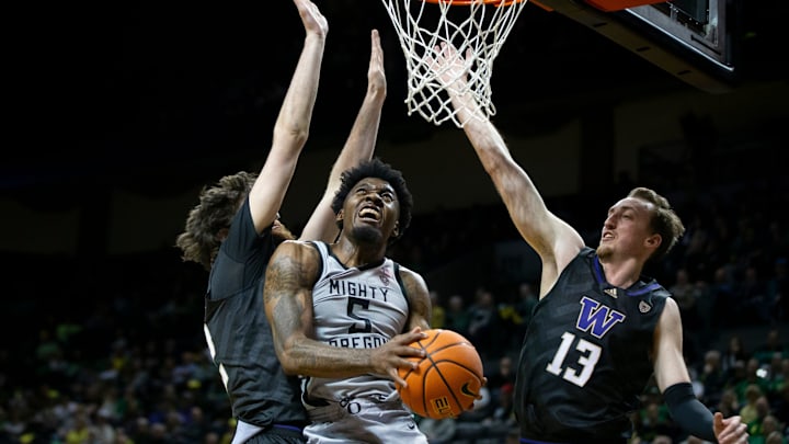Oregon guard Jermaine Couisnard puts up a shot as the Oregon Ducks host the Washington Huskies.