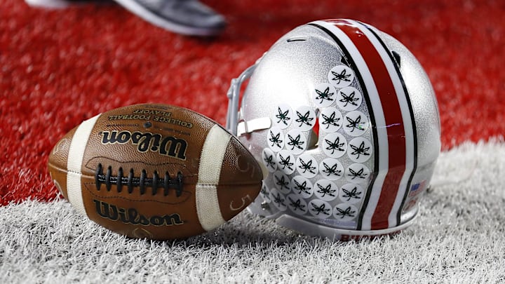 Nov 7, 2015; Columbus, OH, USA; Ohio State Buckeyes helmet prior to the game versus the Minnesota Golden Gophers at Ohio Stadium. Mandatory Credit: Joe Maiorana-Imagn Images
