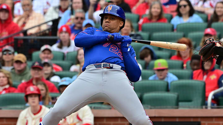 May 4, 2025; St. Louis, Missouri, USA;  New York Mets outfielder Juan Soto (22) is brushed back during while batting in the eighth inning against the St. Louis Cardinals at Busch Stadium. Mandatory Credit: Tim Vizer-Imagn Images