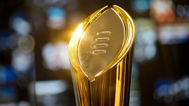 Dec 29, 2022; Atlanta, GA, USA; The College Football Playoff trophy inside the College Football Hall of Fame during media day for the Peach Bowl. Mandatory Credit: Adam Cairns-The Columbus Dispatch