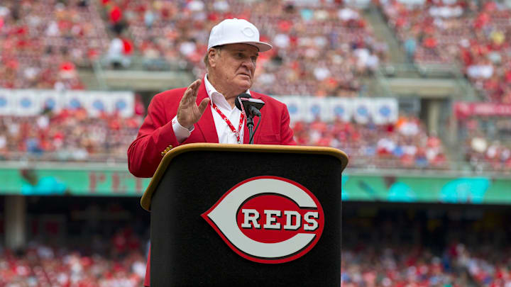 Cincinnati Reds hall of famer Pete Rose speaks during a pregame ceremony for the unveiling of Pete Rose's bronze statue being installed outside the stadium before the MLB National League game between the Cincinnati Reds and the Los Angeles Dodgers at Great American Ball Park in downtown Cincinnati on Saturday, June 17, 2017.