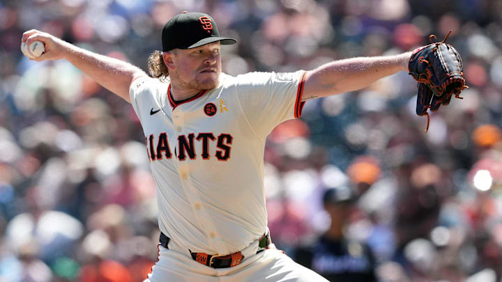Sep 1, 2024; San Francisco, California, USA; San Francisco Giants starting pitcher Logan Webb (62) throws a pitch against the Miami Marlins during the first inning at Oracle Park.