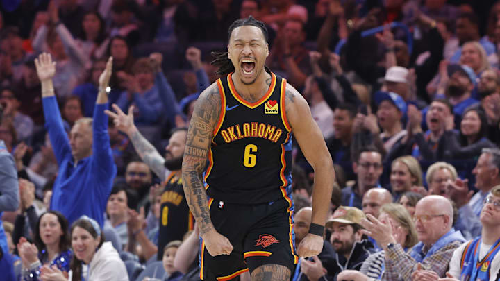 Mar 9, 2025; Oklahoma City, Oklahoma, USA; Oklahoma City Thunder forward Jaylin Williams (6) celebrates after scoring against the Denver Nuggets during the second quarter at Paycom Center. Mandatory Credit: Alonzo Adams-Imagn Images Mar 9, 2025; Oklahoma City, Oklahoma, USA; Oklahoma City Thunder forward Jaylin Williams (6) celebrates after scoring against the Denver Nuggets during the second quarter at Paycom Center. Mandatory Credit: Alonzo Adams-Imagn Images