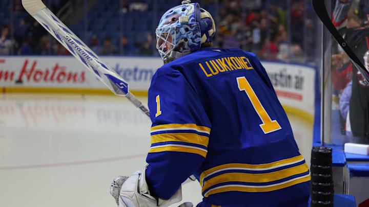 Apr 6, 2025; Buffalo, New York, USA;  Buffalo Sabres goaltender Ukko-Pekka Luukkonen (1) takes to the ice for warmups before a game against the Boston Bruins at KeyBank Center. Mandatory Credit: Timothy T. Ludwig-Imagn Images