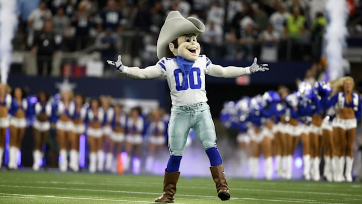 Dallas Cowboys mascot Rowdy on the field before the game against the Las Vegas Raiders. Dallas Cowboys mascot Rowdy on the field before the game against the Las Vegas Raiders.