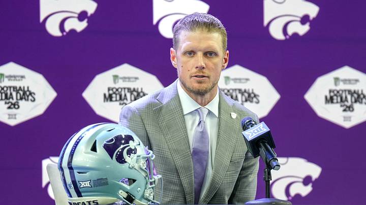 Jul 8, 2026; Frisco, TX, USA;  Kansas State head coach Collin Klein speaks to reporters during Big 12 Conference Football Media Days at The Star. Mandatory Credit: Raymond Carlin III-Imagn Images
