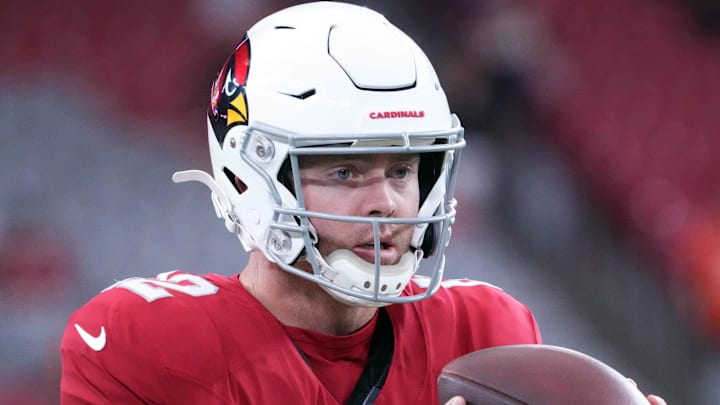 Aug 11, 2023; Glendale, Arizona, USA; Arizona Cardinals quarterback Colt McCoy (12) warms up prior