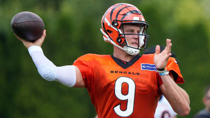 Bengals Joe Burrow winds up for a pass during their training camp on Thursday August 1, 2024.