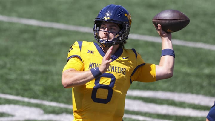 Aug 30, 2025; Morgantown, West Virginia, USA; West Virginia Mountaineers quarterback Nicco Marchiol (8) warms up prior to their game against the Robert Morris Colonials at Milan Puskar Stadium. Mandatory Credit: Ben Queen-Imagn Images Aug 30, 2025; Morgantown, West Virginia, USA; West Virginia Mountaineers quarterback Nicco Marchiol (8) warms up prior to their game against the Robert Morris Colonials at Milan Puskar Stadium. Mandatory Credit: Ben Queen-Imagn Images