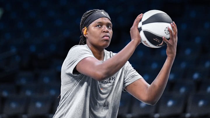 Jun 1, 2025; Brooklyn, New York, USA; New York Liberty center Jonquel Jones (35) warms up before a game against the Connecticut Sun at Barclays Center. Mandatory Credit: John Jones-Imagn Images