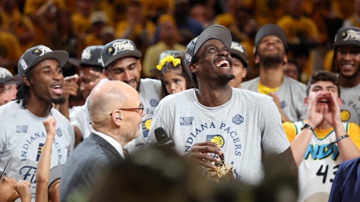May 31, 2025; Indianapolis, Indiana, USA; Indiana Pacers forward Pascal Siakam (43) reacts after receiving the Larry Bird MVP Trophy after game six of the eastern conference finals against the New York Knicks for the 2025 NBA Playoffs at Gainbridge Fieldhouse. Mandatory Credit: Trevor Ruszkowski-Imagn Images