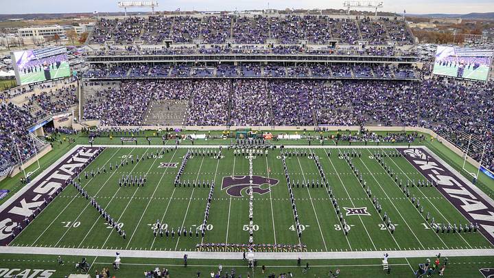 Nov 11, 2023; Manhattan, Kansas, USA; The Kansas State Wildcats Pride of Wildcat Land Matching Band spells out K-State before the start of a game against the Baylor Bears at Bill Snyder Family Football Stadium. Mandatory Credit: Scott Sewell-USA TODAY Sports