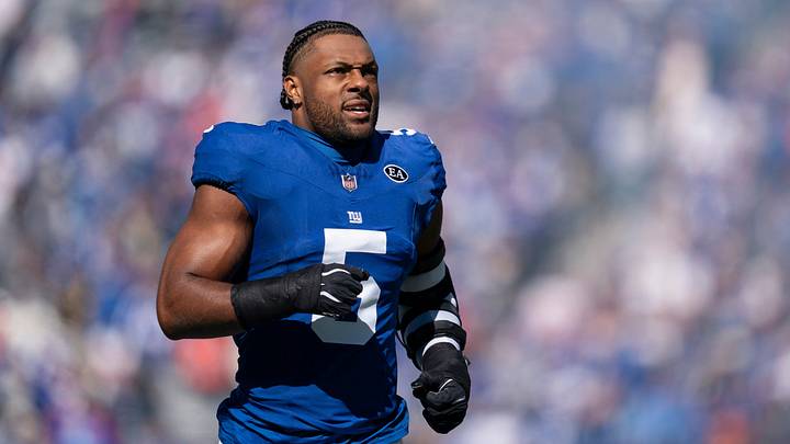 New York Giants linebacker Kayvon Thibodeaux (5) runs onto the field during a week 6 NFL football game between New York Giants and New Orleans Saints on Sunday, Oct. 18, 2026, at MetLife Stadium in East Rutherford, NJ. New York Giants linebacker Kayvon Thibodeaux (5) runs onto the field during a week 6 NFL football game between New York Giants and New Orleans Saints on Sunday, Oct. 18, 2026, at MetLife Stadium in East Rutherford, NJ.