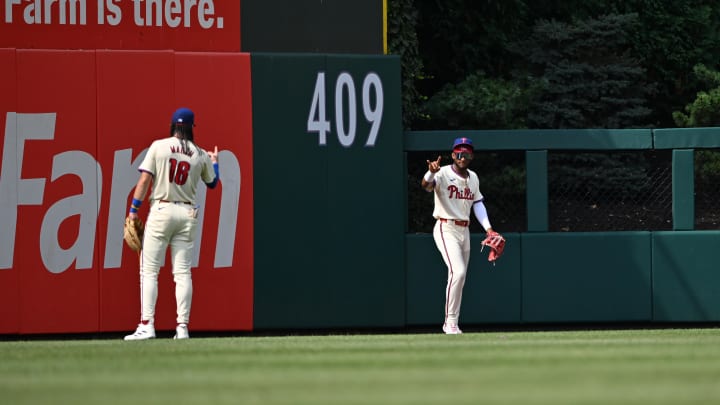 Jul 13, 2024; Philadelphia, Pennsylvania, USA; Philadelphia Phillies outfielder Johan Rojas (18) reacts after fielding a fly ball against the Oakland Athletics in the second inning at Citizens Bank Park.