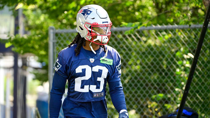 Jul 26, 2023; Foxborough, MA, USA; New England Patriots safety Kyle Dugger (23) makes his way to the practice fields for  training camp at Gillette Stadium. Mandatory Credit: Eric Canha-USA TODAY Sports