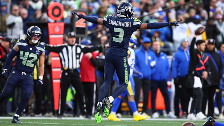 Seattle Seahawks safety Nick Emmanwori (3) reacts after a play against the Los Angeles Rams during the first half.